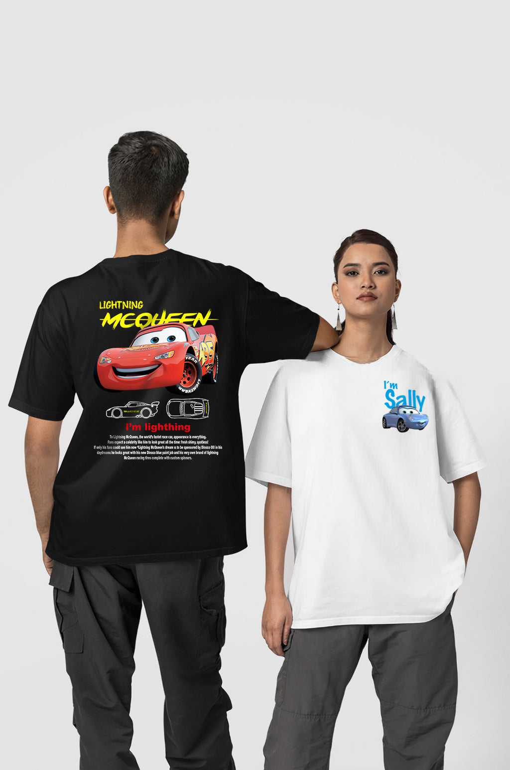 I'm Sally Ve Şimşek McQueen Cars Baskılı Siyah Beyaz 2'li Sevgili Kombini Çift Tshirt 2 Adet