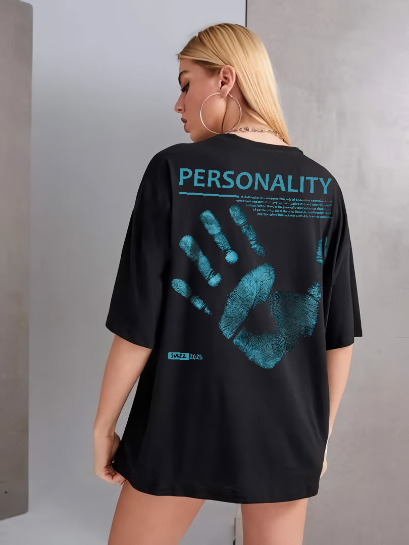 Personality El Baskılı Unisex Regular Siyah Tişört Ön ve Arka Tasarım