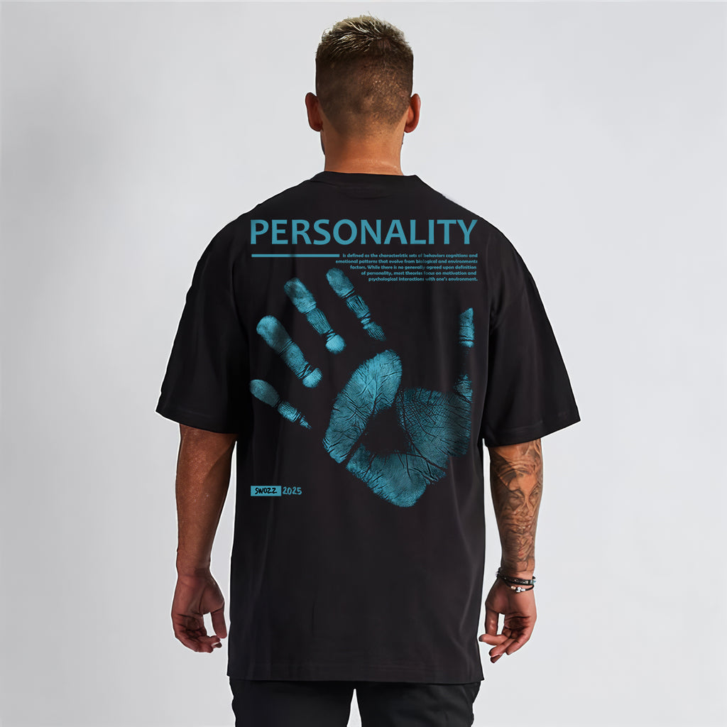 Personality El Baskılı Unisex Regular Siyah Tişört Ön ve Arka Tasarım