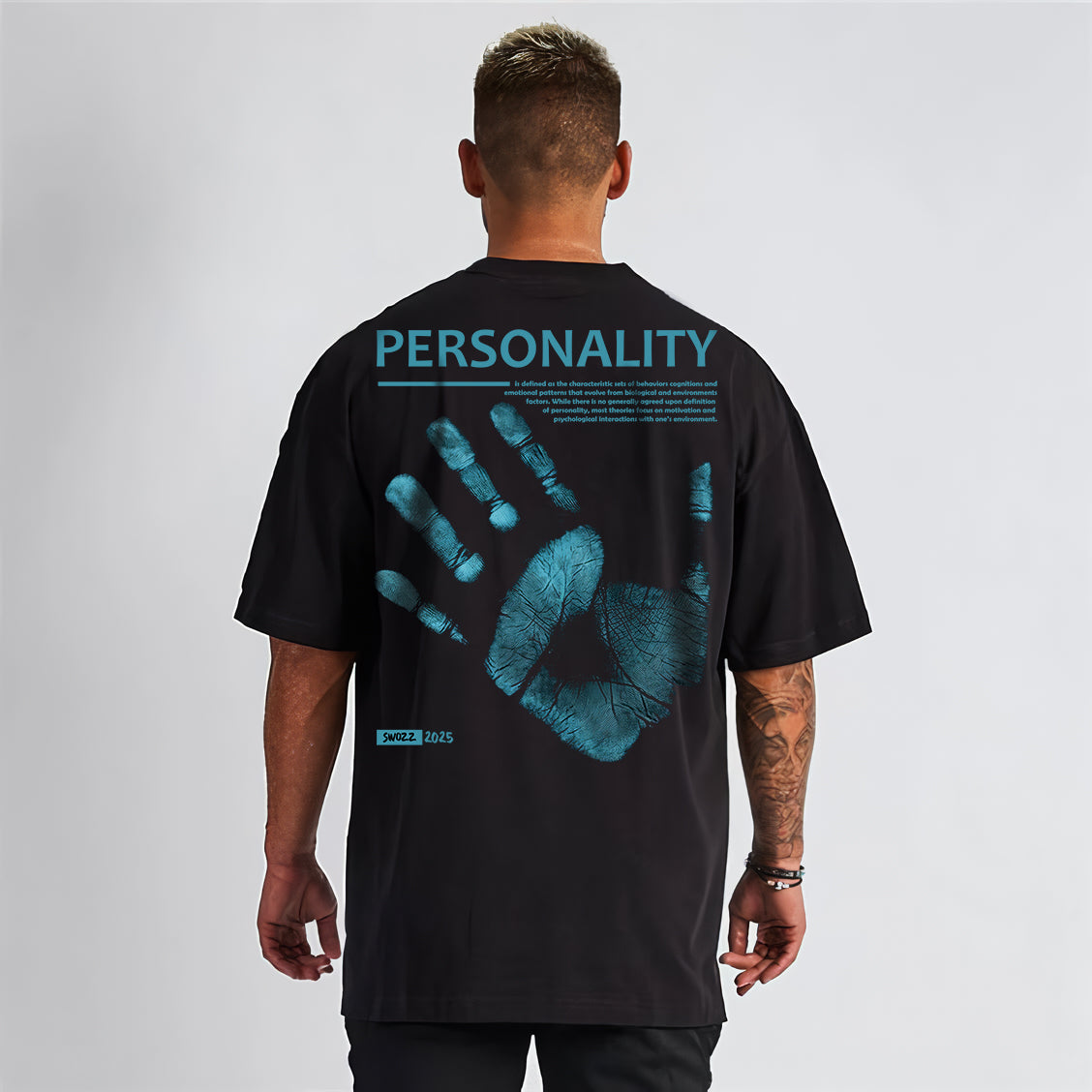 Personality El Baskılı Unisex Regular Siyah Tişört Ön ve Arka Tasarım