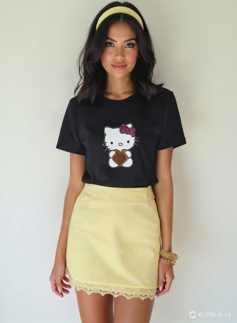 Hello Kitty Taş Kristal Taşlı Baskılı Kadın Premium T-shirt - Siyah