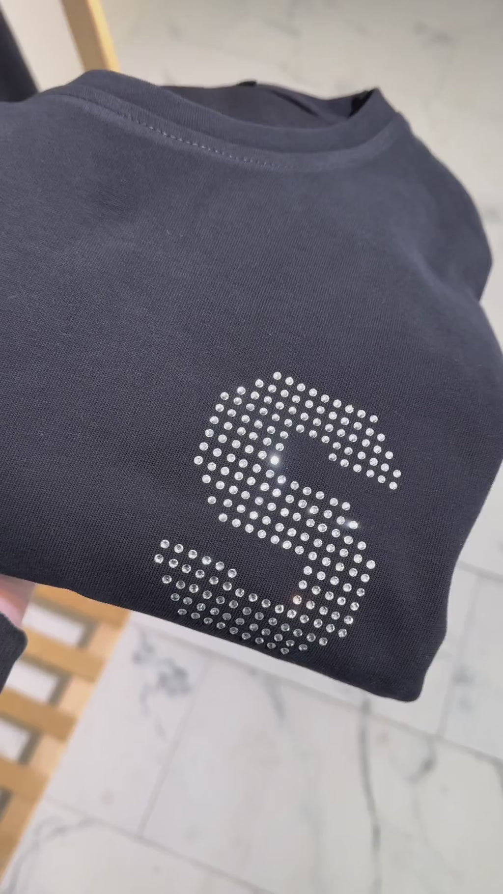 Taş Kristal Harf Baskılı Regular Tişört Unisex Premium Kumaş Siyah