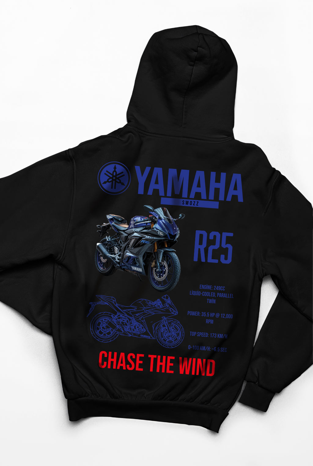Yamaha R25 Hoodie – Chase the Wind, Limited Edition, Unisex Oversize Kapüşonlu Sweatshirt, 3 İplik Şardonlu