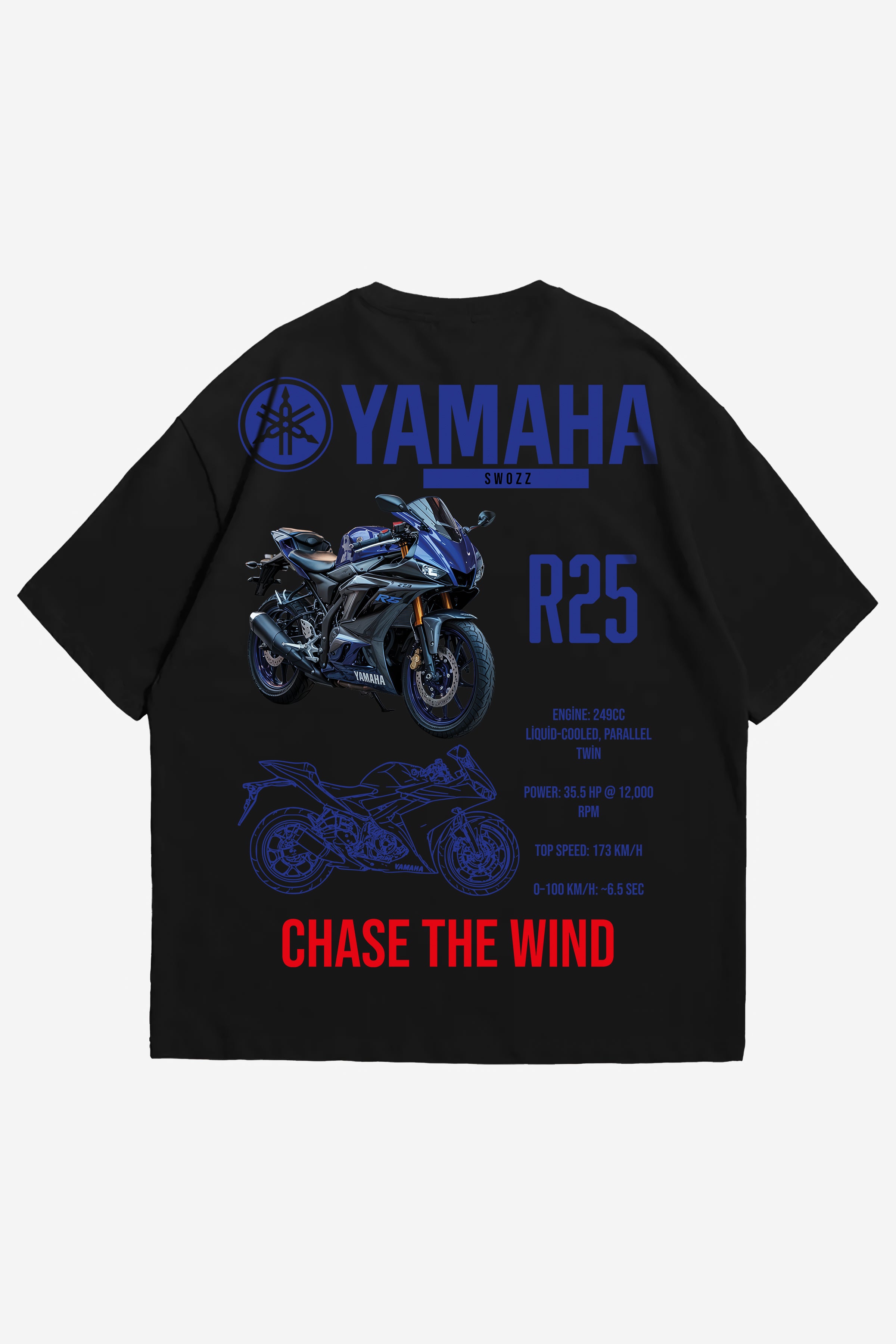 Yamaha R25 Tasarımlı Siyah Regular Unisex Tişört Chase the Wind Swozz Özel Serisi