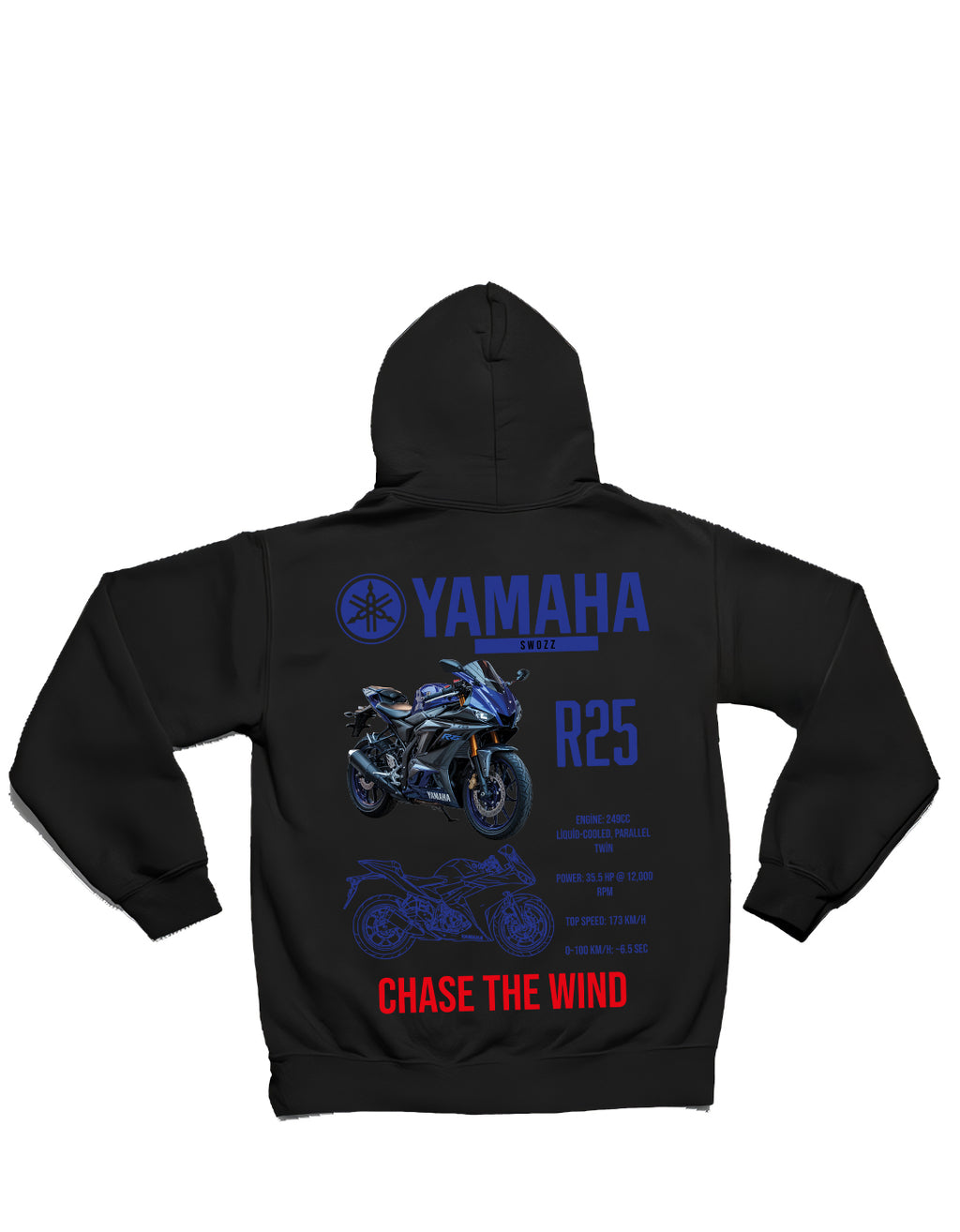 Yamaha R25 Hoodie – Chase the Wind, Limited Edition, Unisex Oversize Kapüşonlu Sweatshirt, 3 İplik Şardonlu