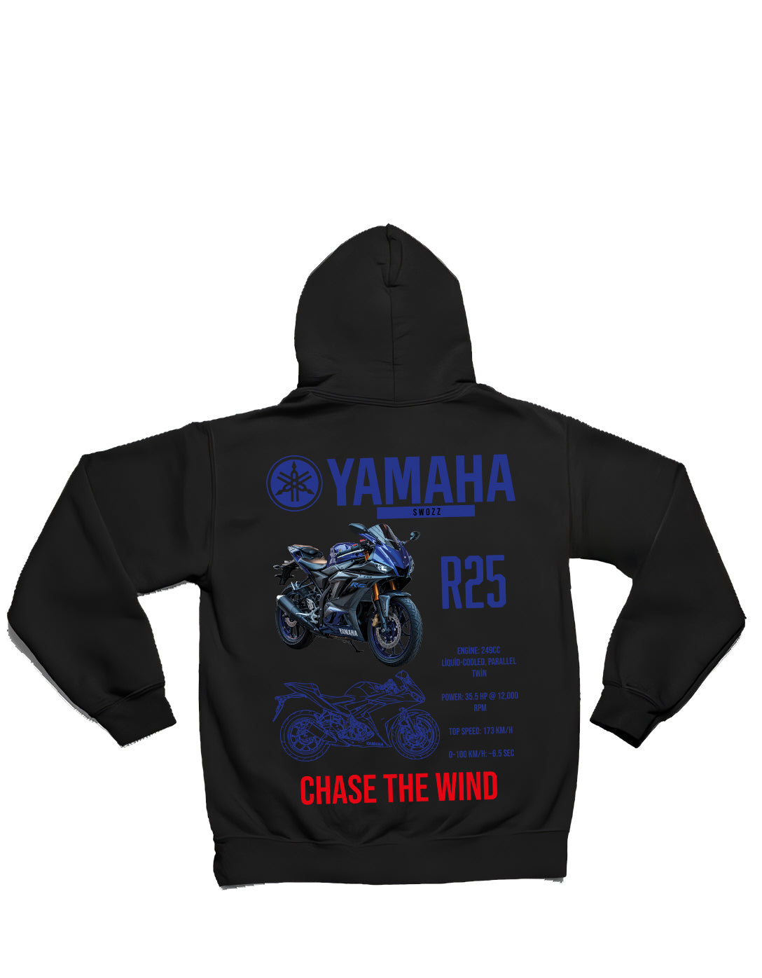 Yamaha R25 Hoodie – Chase the Wind, Limited Edition, Unisex Oversize Kapüşonlu Sweatshirt, 3 İplik Şardonlu