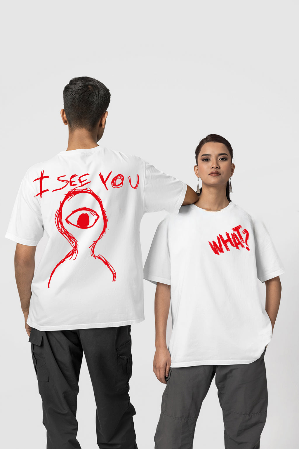 I SEE YOU Yazılı Beyaz Oversize Unisex Tişört – Özel Baskılı Streetwear Tasarım