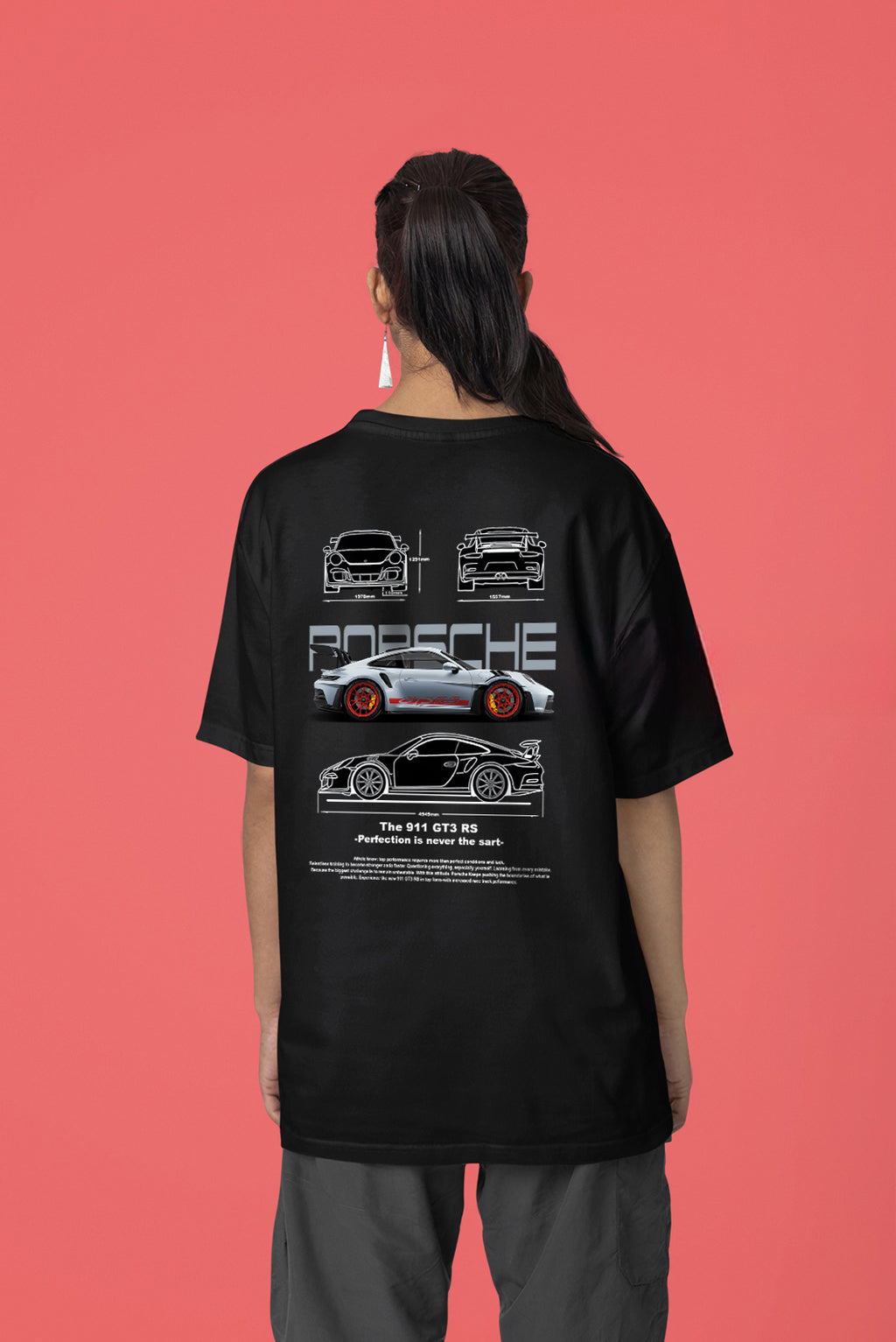 Porsche Ön ve Sırt Baskılı Yüksek Kaliteli Unisex Beyaz ve Siyah Regular Tshirt