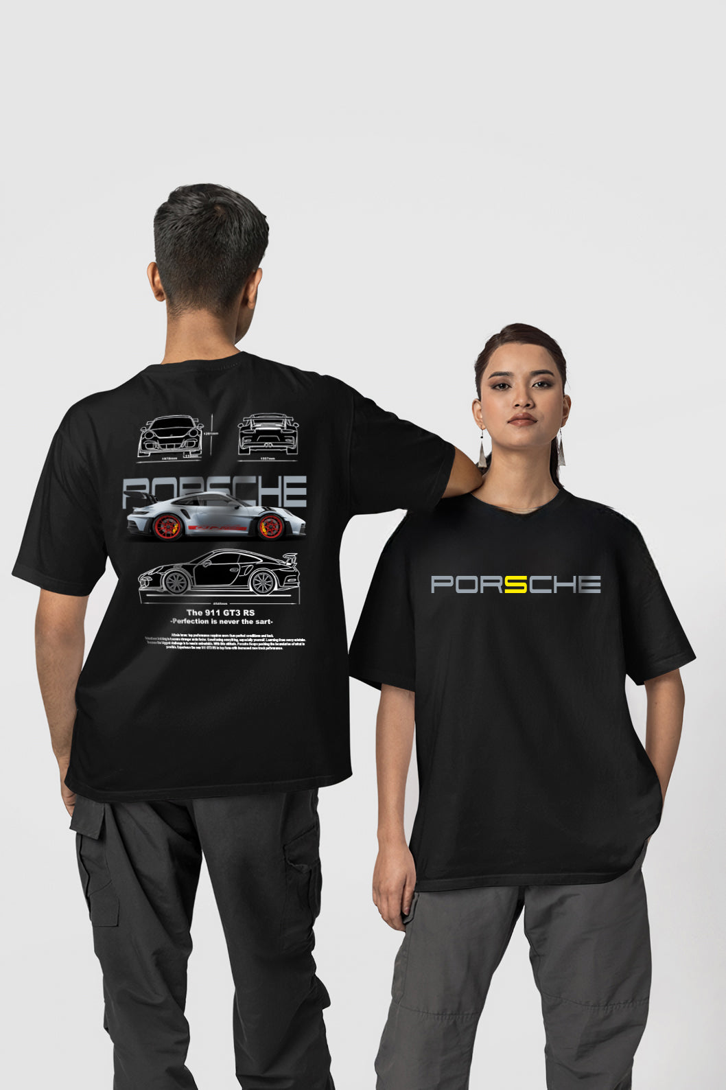 Porsche Ön ve Sırt Baskılı Yüksek Kaliteli Unisex Beyaz ve Siyah Regular Tshirt