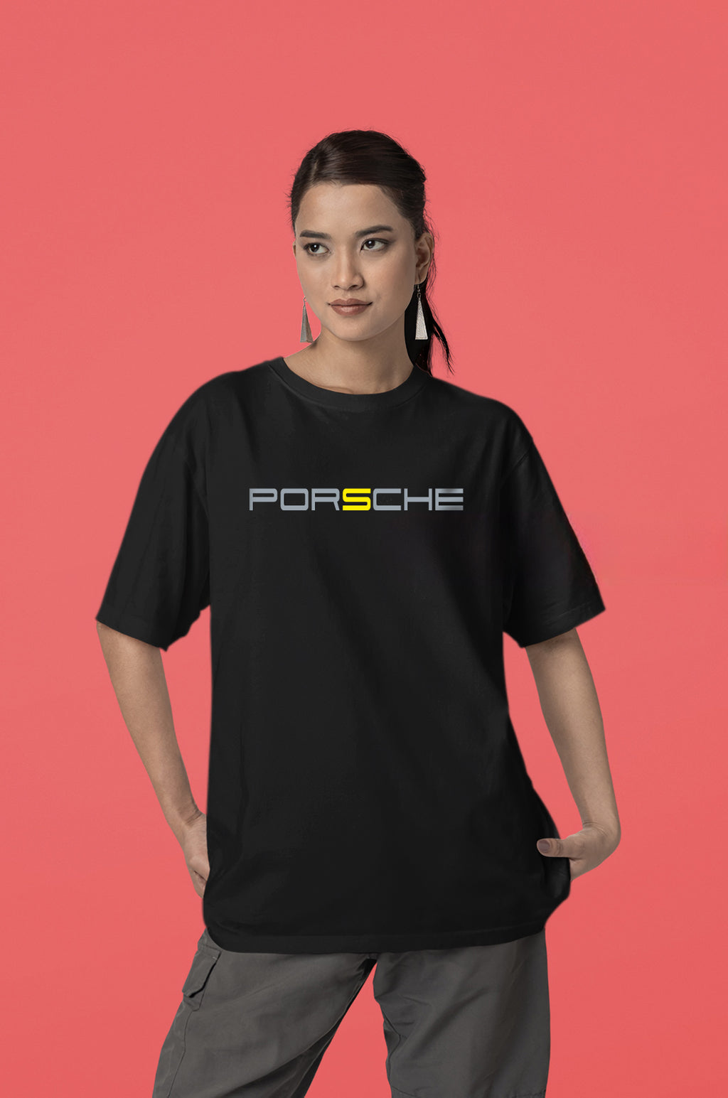 Porsche Ön ve Sırt Baskılı Yüksek Kaliteli Unisex Beyaz ve Siyah Regular Tshirt