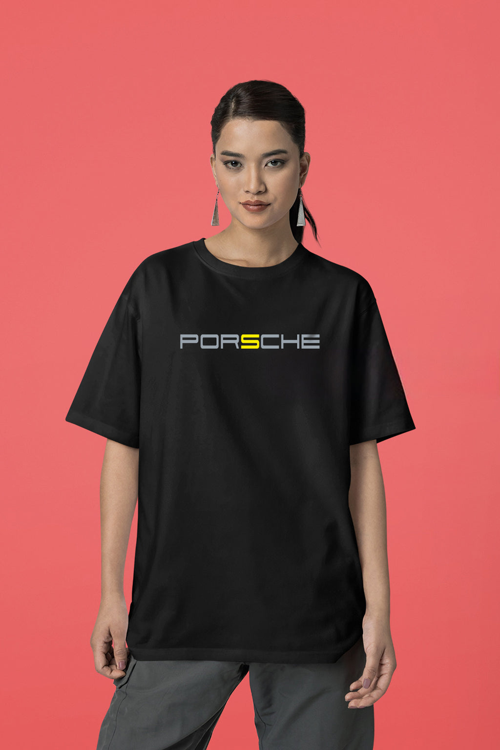 Porsche Ön ve Sırt Baskılı Yüksek Kaliteli Unisex Beyaz ve Siyah Regular Tshirt