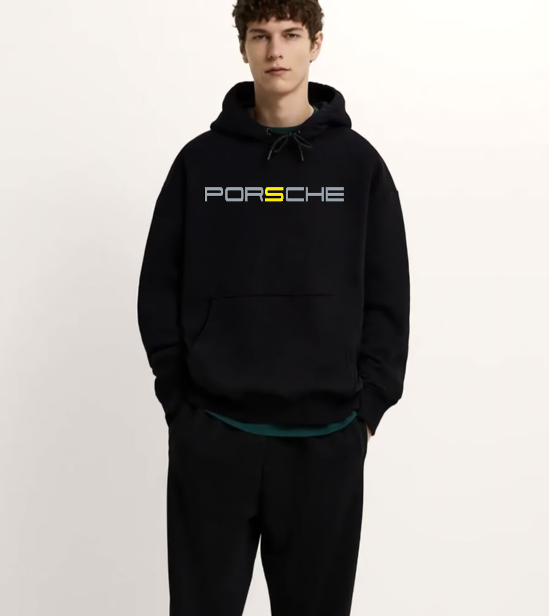 Porsche Ön Ve Sırt Baskılı Siyah 3 Ip Kalın Kumaş Unisex Sweatshirt Hoodie