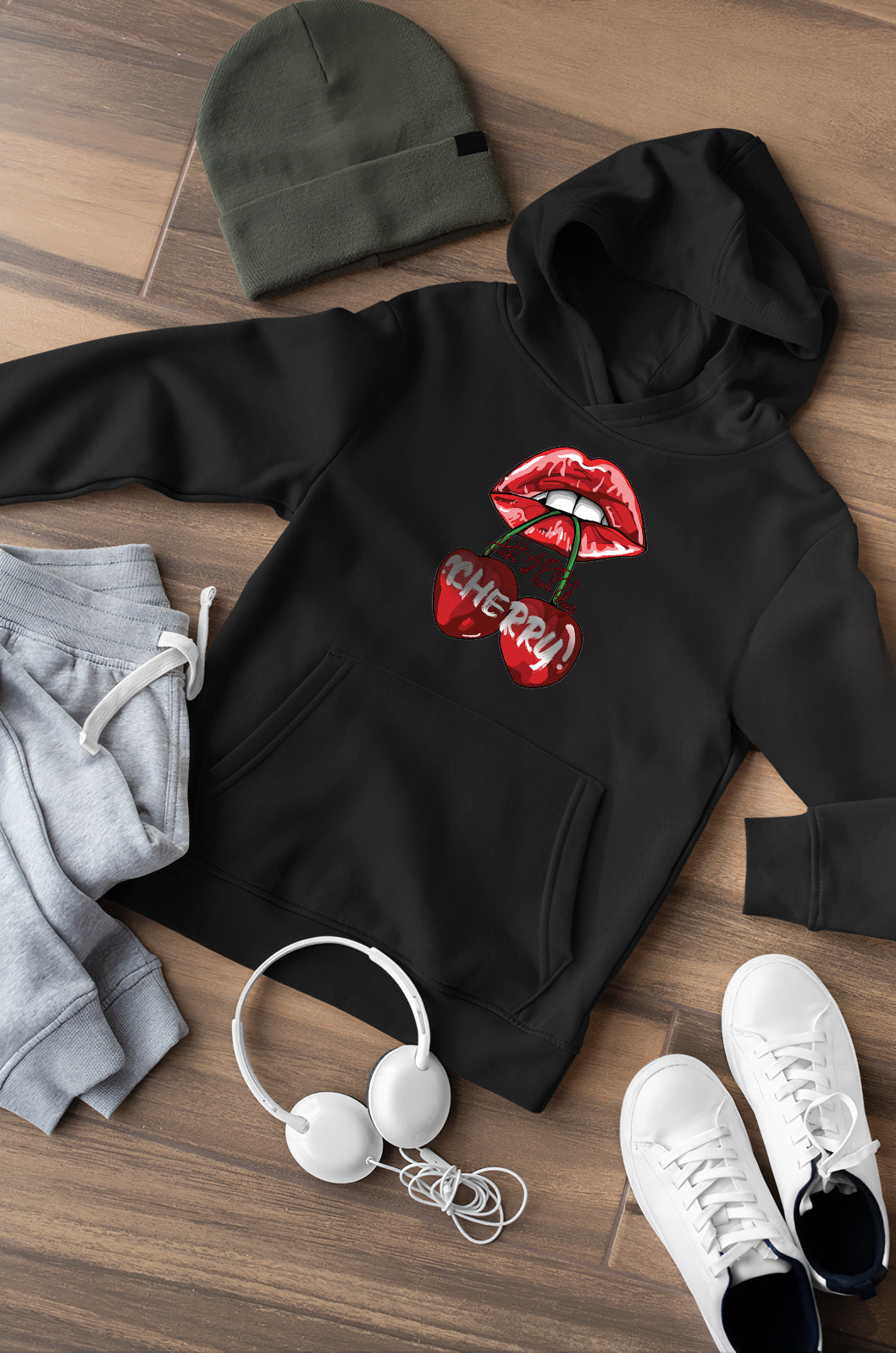 Cherry Baskılı 3 iplik kalın kışlık Özel Tasarım Kadın Sweatshirt Hoodie