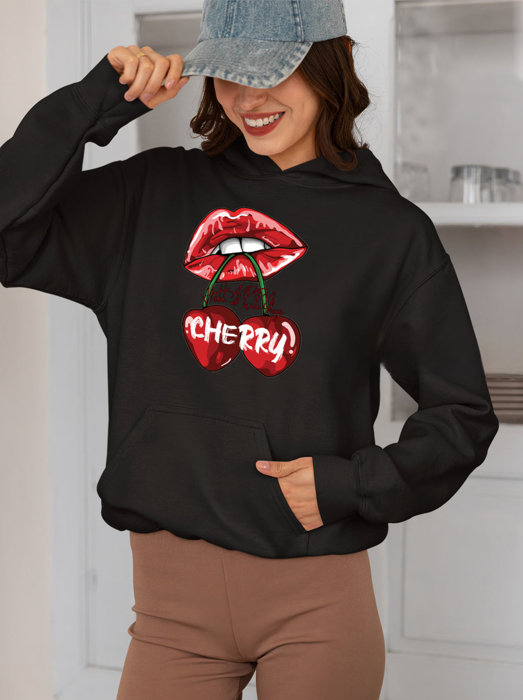 Cherry Baskılı 3 iplik kalın kışlık Özel Tasarım Kadın Sweatshirt Hoodie