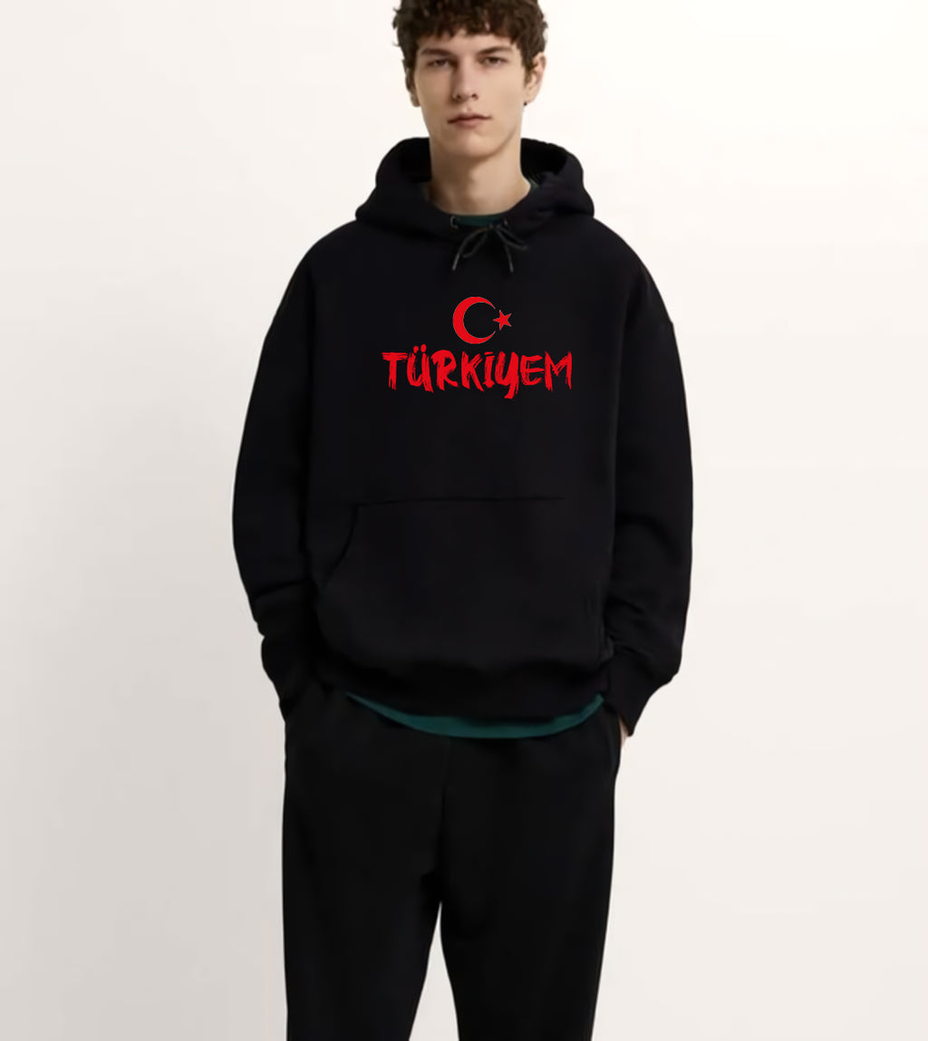 Türkiye 'm Baskılı 3 İplik Şardonlu Kalın Kışlık Sweatshirt Hoodie
