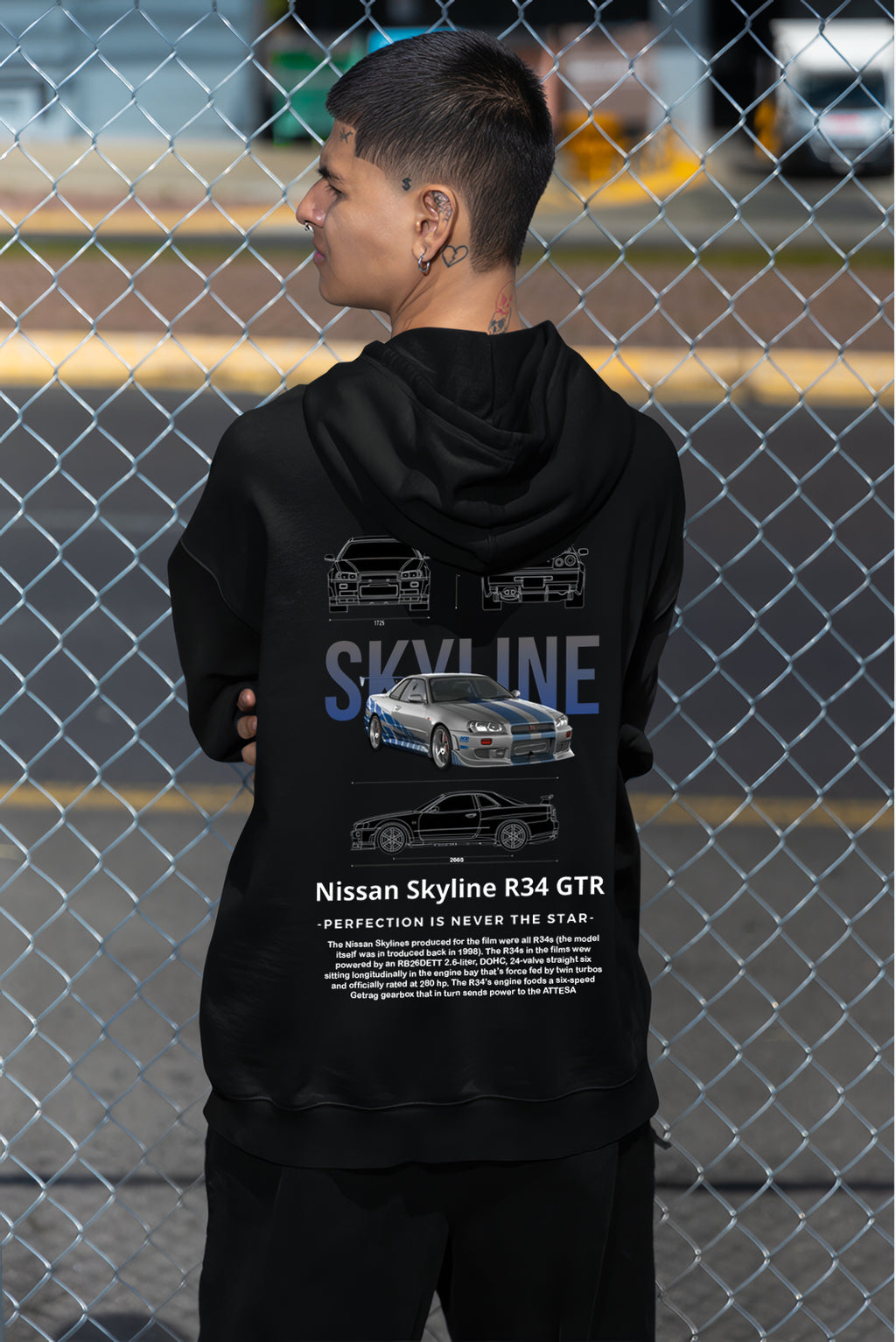 Nissan Skyline Ön ve Sırt Baskılı Siyah Unisex Oversize Sweatshirt Hoodie