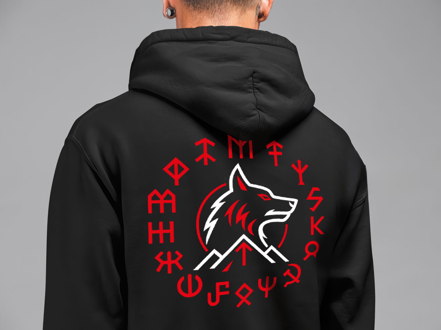 Göktürk Tamga Kolajlı Kurt Hoodie – Türk Koleksiyonu, Unisex Oversize Kapüşonlu Sweatshirt, 3 İplik Şardonlu