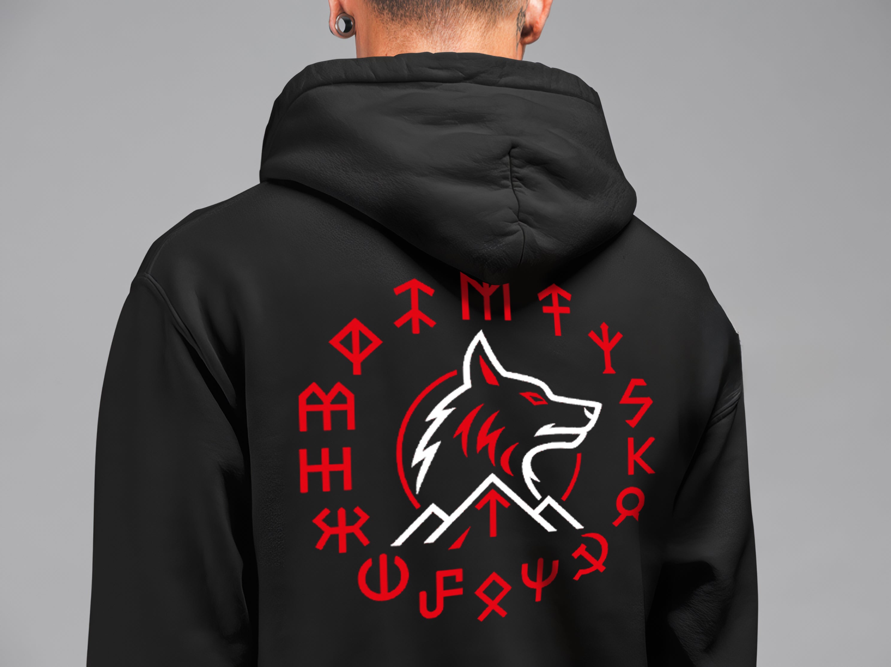 Göktürk Tamga Kolajlı Kurt Hoodie – Türk Koleksiyonu, Unisex Oversize Kapüşonlu Sweatshirt, 3 İplik Şardonlu