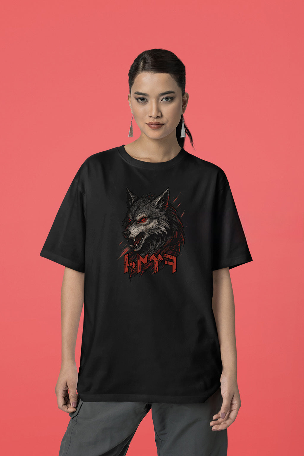 Göktürkçe TÜRK Yazılı Kurt Tasarımı Regular Fit Siyah Unisex Tişört | Tamga Koleksiyonu