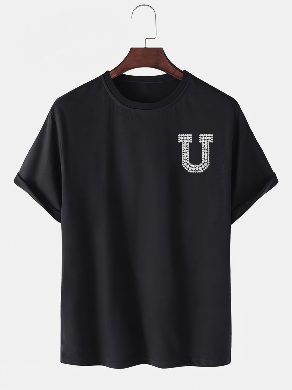 Taş Kristal Harf Baskılı Regular Tişört Unisex Premium Kumaş Siyah
