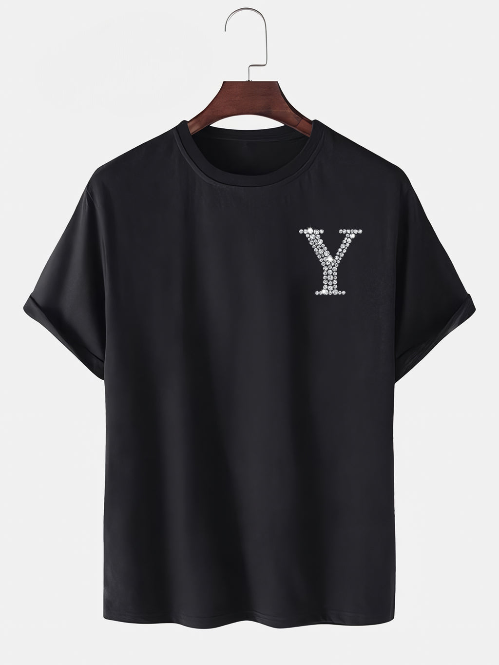 Taş Kristal Harf Baskılı Regular Tişört Unisex Premium Kumaş Siyah