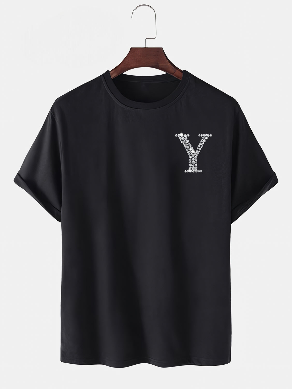 Taş Kristal Harf Baskılı Regular Tişört Unisex Premium Kumaş Siyah