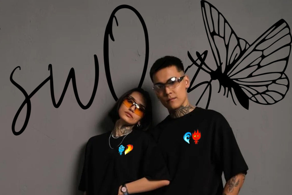 Ateş Ve Su Baskılı Özel Tasarım Regular Siyah 2 Adet Tshirt Sevgili Kombini