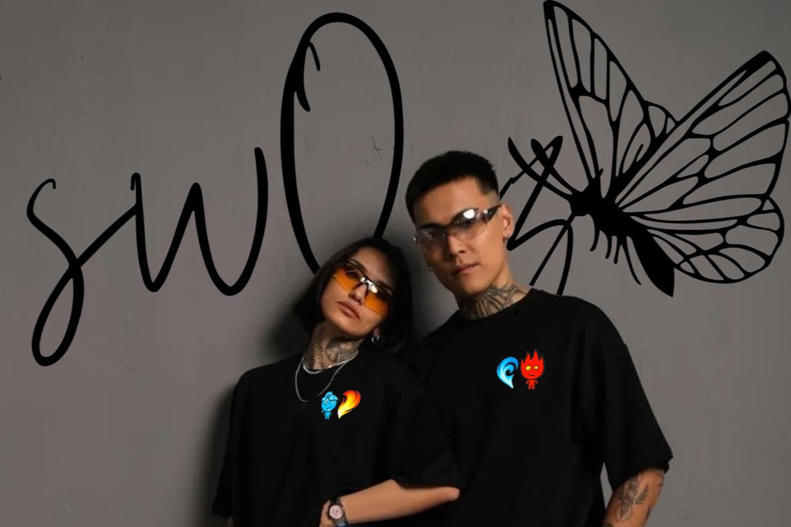 Ateş Ve Su Baskılı Özel Tasarım Regular Siyah 2 Adet Tshirt Sevgili Kombini