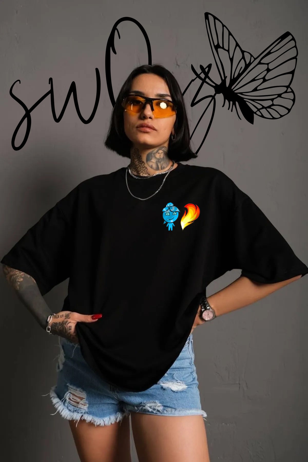 Ateş Ve Su Baskılı Özel Tasarım Regular Siyah 2 Adet Tshirt Sevgili Kombini