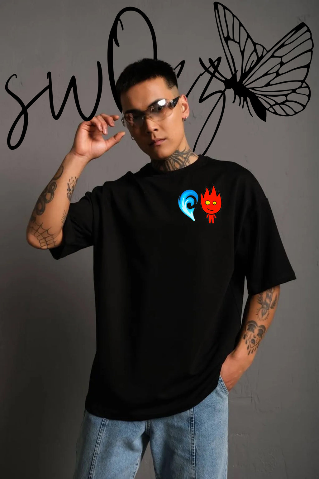 Ateş Ve Su Baskılı Özel Tasarım Regular Siyah 2 Adet Tshirt Sevgili Kombini