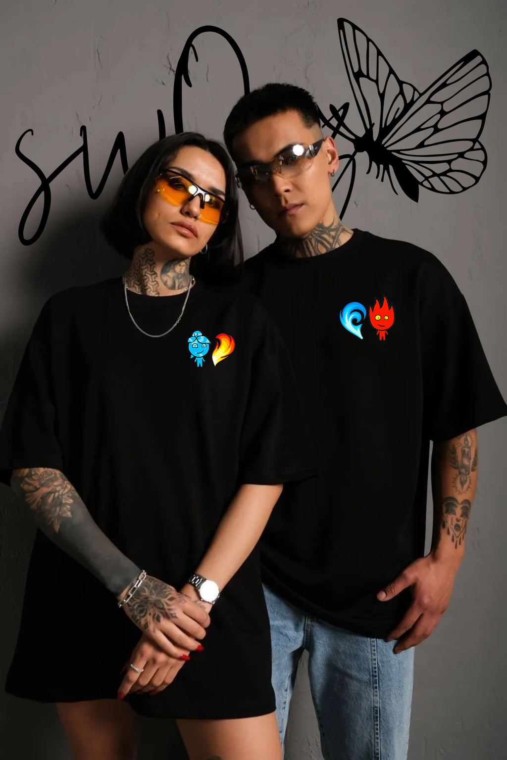 Ateş Ve Su Baskılı Özel Tasarım Regular Siyah 2 Adet Tshirt Sevgili Kombini