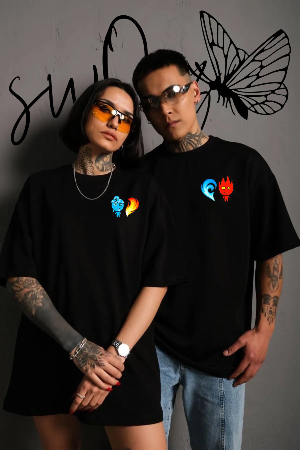 Ateş Ve Su Baskılı Özel Tasarım Regular Siyah 2 Adet Tshirt Sevgili Kombini